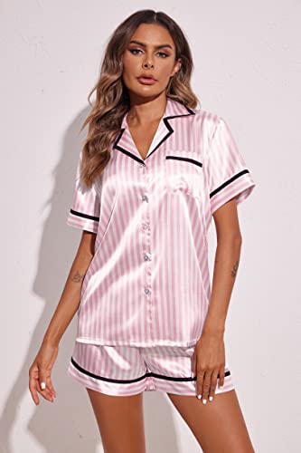 Ekouaer Womens Short Satin Pajama Sets Comfortable Relaxed Button Front Silk Sleepwear Set (Pink Stripe,L)