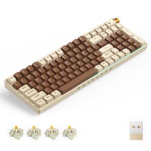royalaxe x protoarc r100 wireless mechanical keyboard, hot swappable wired/bluetooth 5.0/2.4g wireless keyboard with rgb light for windows & mac, pbt keycaps, gateron g yellow pro switch, lava brown