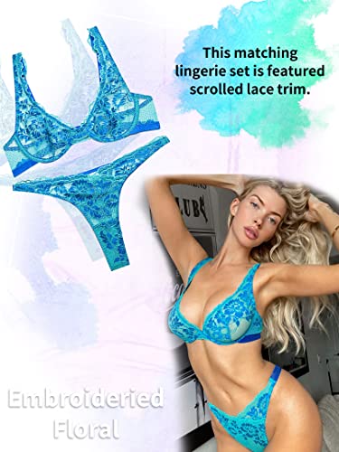 Dlsave Women's Sexy Exotic Lace 2 Piece Lingerie Set Sexy Floral Underwired Bra and Panty Sets Blue