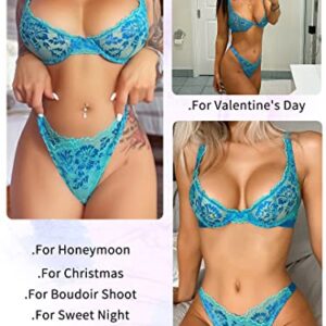 Dlsave Women's Sexy Exotic Lace 2 Piece Lingerie Set Sexy Floral Underwired Bra and Panty Sets Blue