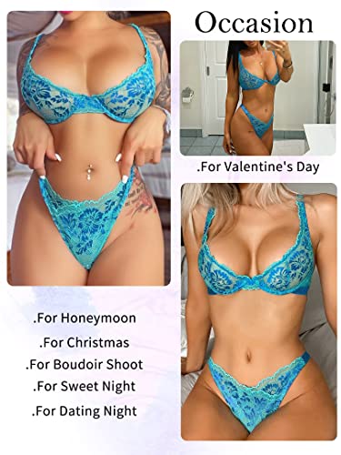 Dlsave Women's Sexy Exotic Lace 2 Piece Lingerie Set Sexy Floral Underwired Bra and Panty Sets Blue