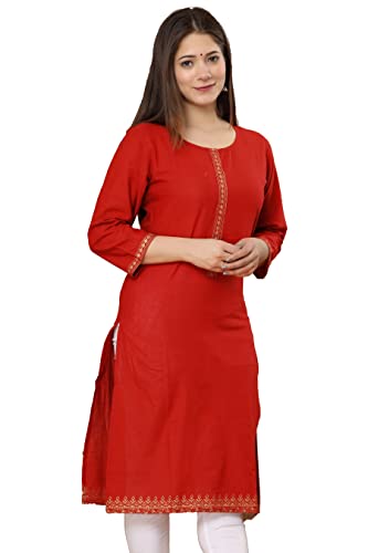 Chandrakala Women's Rayon Tunic Top Lace Work 3/4th Sleeve Straight Kurti Kurta,Large,Red (K217RED3)