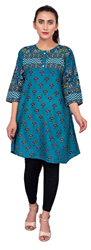 IshDeena Pakistani Kurtis for women Indian Style Cotton Tunics Womens Tops Printed Lawn (Small, Teal)