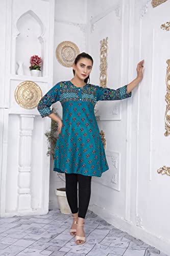 IshDeena Pakistani Kurtis for women Indian Style Cotton Tunics Womens Tops Printed Lawn (Small, Teal)