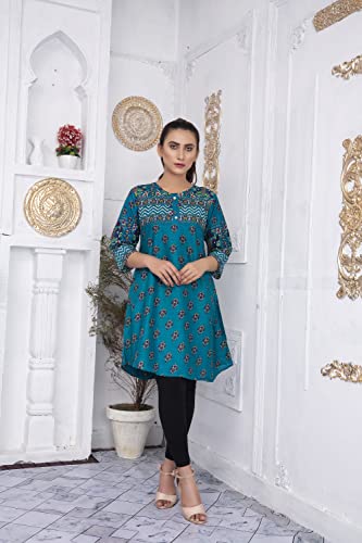 IshDeena Pakistani Kurtis for women Indian Style Cotton Tunics Womens Tops Printed Lawn (Small, Teal)