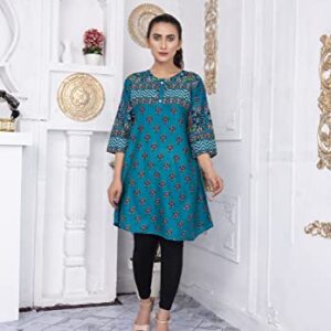 IshDeena Pakistani Kurtis for women Indian Style Cotton Tunics Womens Tops Printed Lawn (Small, Teal)