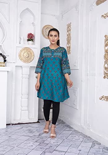 IshDeena Pakistani Kurtis for women Indian Style Cotton Tunics Womens Tops Printed Lawn (Small, Teal)