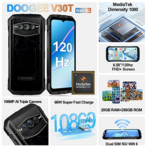 DOOGEE V30T 2023 5G Unlocked Smartphone, 20GB+256GB Rugged Smartphone, 66W/10800mAh Battery Cell Phone, 120Hz 6.58" 108MP Camera Rugged Phone, Dual Speakers, Night Vision, IP68 Waterproof, NFC, OTG