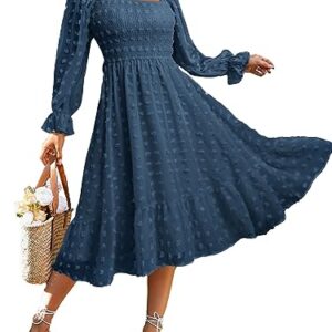 Amegoya Women's Elegant Square Neck Long Sleeve Formal Dress Fall Swiss Dot Modest Smocked Midi Wedding Guest Dress (Navy Blue L)