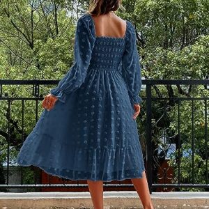 Amegoya Women's Elegant Square Neck Long Sleeve Formal Dress Fall Swiss Dot Modest Smocked Midi Wedding Guest Dress (Navy Blue L)