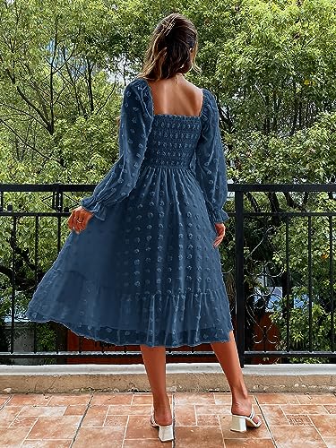 Amegoya Women's Elegant Square Neck Long Sleeve Formal Dress Fall Swiss Dot Modest Smocked Midi Wedding Guest Dress (Navy Blue L)