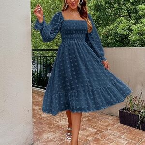 Amegoya Women's Elegant Square Neck Long Sleeve Formal Dress Fall Swiss Dot Modest Smocked Midi Wedding Guest Dress (Navy Blue L)