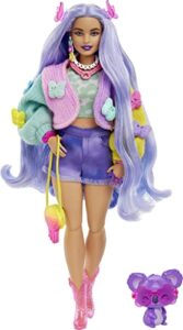 barbie extra doll & accessories with wavy lavender hair in colorful butterfly sweater & pink boots with pet koala