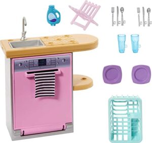 barbie furniture and accessories, doll house decor set with dishwasher theme, kitchen add-on with counter sink