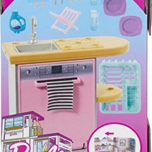 Barbie Furniture and Accessories, Doll House Decor Set with Dishwasher Theme, Kitchen Add-On with Counter Sink