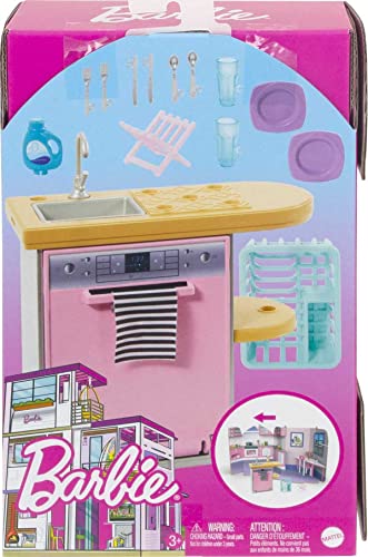 Barbie Furniture and Accessories, Doll House Decor Set with Dishwasher Theme, Kitchen Add-On with Counter Sink