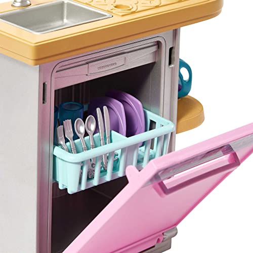 Barbie Furniture and Accessories, Doll House Decor Set with Dishwasher Theme, Kitchen Add-On with Counter Sink