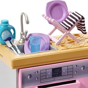 Barbie Furniture and Accessories, Doll House Decor Set with Dishwasher Theme, Kitchen Add-On with Counter Sink