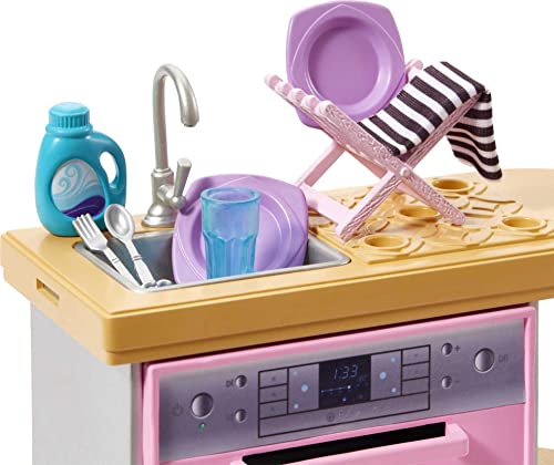 Barbie Furniture and Accessories, Doll House Decor Set with Dishwasher Theme, Kitchen Add-On with Counter Sink