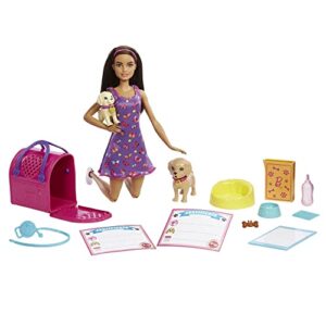 barbie pup adoption doll & accessories set with color-change, 2 pets, carrier & 10 accessories, brunette doll in purple dress