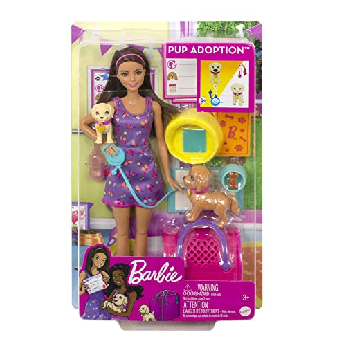 Barbie Pup Adoption Doll & Accessories Set with Color-Change, 2 Pets, Carrier & 10 Accessories, Brunette Doll in Purple Dress