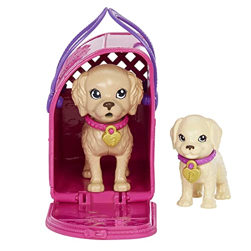 Barbie Pup Adoption Doll & Accessories Set with Color-Change, 2 Pets, Carrier & 10 Accessories, Brunette Doll in Purple Dress