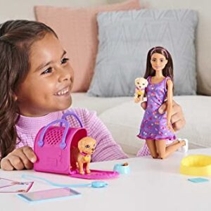 Barbie Pup Adoption Doll & Accessories Set with Color-Change, 2 Pets, Carrier & 10 Accessories, Brunette Doll in Purple Dress