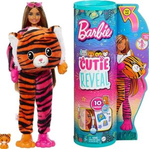 Barbie Cutie Reveal Fashion Doll, Jungle Series Tiger Plush Costume, 10 Surprises Including Mini Pet & Color Change