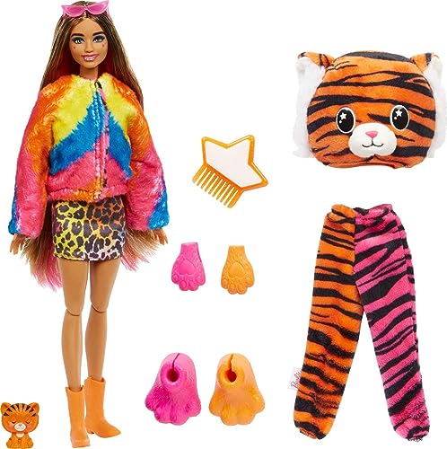 Barbie Cutie Reveal Fashion Doll, Jungle Series Tiger Plush Costume, 10 Surprises Including Mini Pet & Color Change