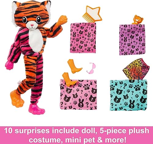 Barbie Cutie Reveal Fashion Doll, Jungle Series Tiger Plush Costume, 10 Surprises Including Mini Pet & Color Change