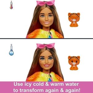 Barbie Cutie Reveal Fashion Doll, Jungle Series Tiger Plush Costume, 10 Surprises Including Mini Pet & Color Change