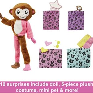 Barbie Cutie Reveal Fashion Doll, Jungle Series Monkey Plush Costume, 10 Surprises Including Mini Pet & Color Change