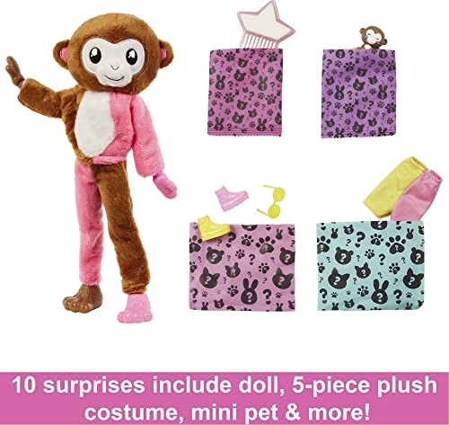 Barbie Cutie Reveal Fashion Doll, Jungle Series Monkey Plush Costume, 10 Surprises Including Mini Pet & Color Change