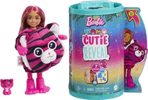 barbie cutie reveal chelsea small doll, jungle series tiger plush costume, 7 surprises including mini pet & color change