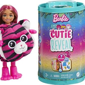 Barbie Cutie Reveal Chelsea Small Doll, Jungle Series Tiger Plush Costume, 7 Surprises Including Mini Pet & Color Change