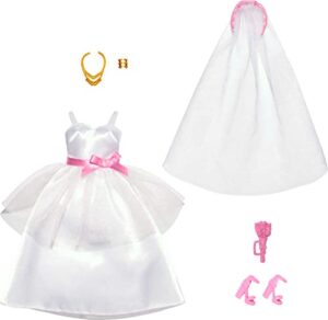 barbie fashions doll clothes and accessories set, bridal pack with wedding dress, veil, bouquet, shoes and jewelry