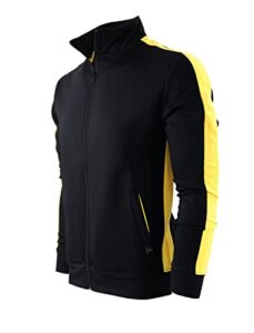 screenshot-s51707 mens hip hop premium slim fit winter fleece lined track jacket - modern athletic workout sport fitness tops with side taping-black/yellow-medium