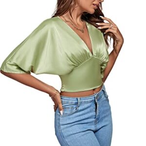 LYANER Women's Satin Deep V Neck Ruched Blouse Shirred Back Batwing Short Sleeve Crop Top Light Green X-Large