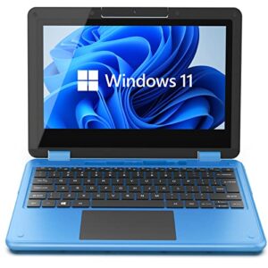 awow touchscreen laptop, 2 in 1 11.6" fhd intel 4 core celeron n4120 processor windows 11 home 6gb ram 64gb m.2 ssd storage kids convertible laptop (blue)