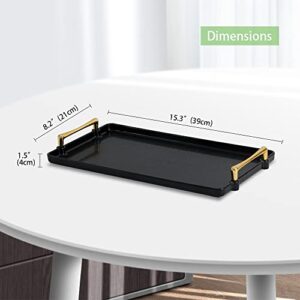 Table Tray Plastic Serving Trays - Modern Rectangular Decorative Tray for Coffee Table Living Room Kitchen Countertop Bathroom - Food Tray for Eating Breakfast with Gold Handles - 15.4 x 8.5 Inches