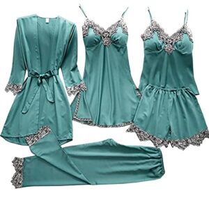pjs nightwear lace 5pcs pajama women‘s silky set sleepwear sexy set pajama with 4 piece lingerie set for (green, l),slips,green