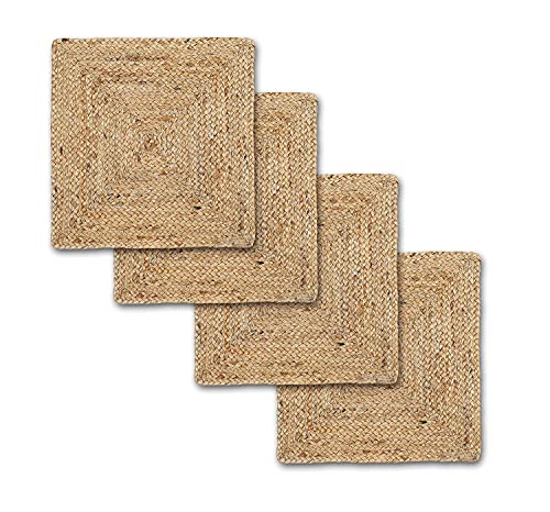 KEMA Jute Braided Placemats Set of 4 Reversible, 100% Jute, Nonslip 13x13 Square Farmhouse Vintage Jute Placemats for Dining Table, Perfect for Indoor Outdoor, Natural