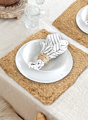KEMA Jute Braided Placemats Set of 4 Reversible, 100% Jute, Nonslip 13x13 Square Farmhouse Vintage Jute Placemats for Dining Table, Perfect for Indoor Outdoor, Natural