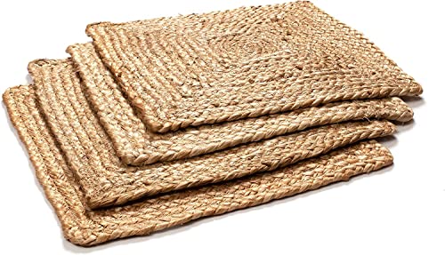 KEMA Jute Braided Placemats Set of 4 Reversible, 100% Jute, Nonslip 13x13 Square Farmhouse Vintage Jute Placemats for Dining Table, Perfect for Indoor Outdoor, Natural
