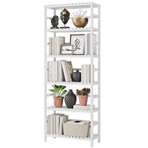 bamjoy bookshelf, 6 tier bamboo shelf adjustable storage shelves, freestanding tall shelving unit plant stand for bathroom home office kitchen living room, 23.6w x 10.2d x 63.4h white