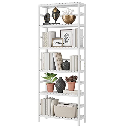 Bamjoy Bookshelf, 6 Tier Bamboo Shelf Adjustable Storage Shelves, Freestanding Tall Shelving Unit Plant Stand for Bathroom Home Office Kitchen Living Room, 23.6W x 10.2D x 63.4H White