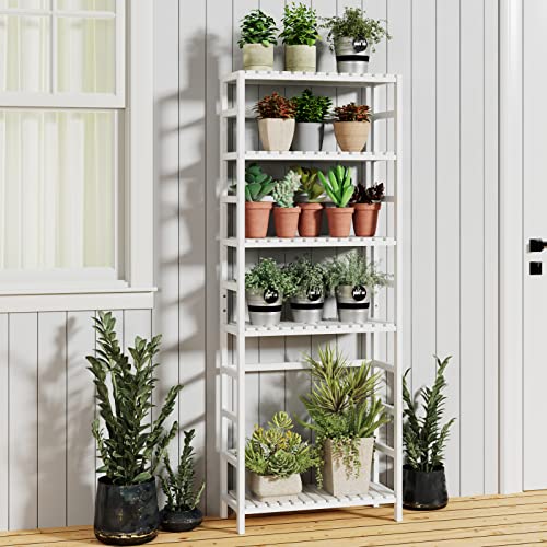 Bamjoy Bookshelf, 6 Tier Bamboo Shelf Adjustable Storage Shelves, Freestanding Tall Shelving Unit Plant Stand for Bathroom Home Office Kitchen Living Room, 23.6W x 10.2D x 63.4H White