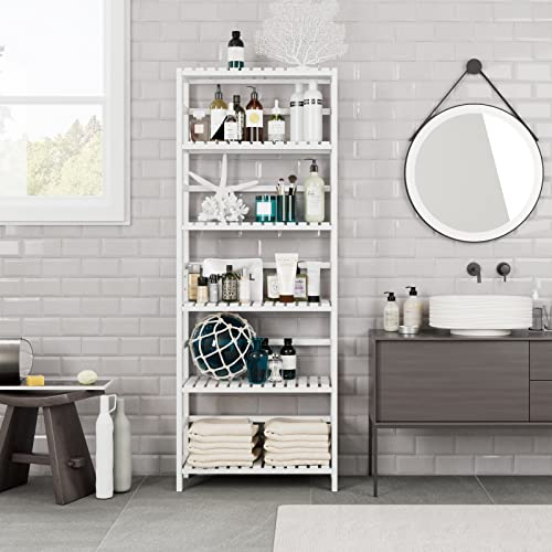 Bamjoy Bookshelf, 6 Tier Bamboo Shelf Adjustable Storage Shelves, Freestanding Tall Shelving Unit Plant Stand for Bathroom Home Office Kitchen Living Room, 23.6W x 10.2D x 63.4H White