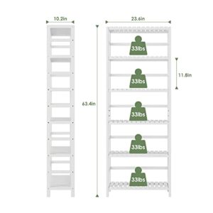 Bamjoy Bookshelf, 6 Tier Bamboo Shelf Adjustable Storage Shelves, Freestanding Tall Shelving Unit Plant Stand for Bathroom Home Office Kitchen Living Room, 23.6W x 10.2D x 63.4H White