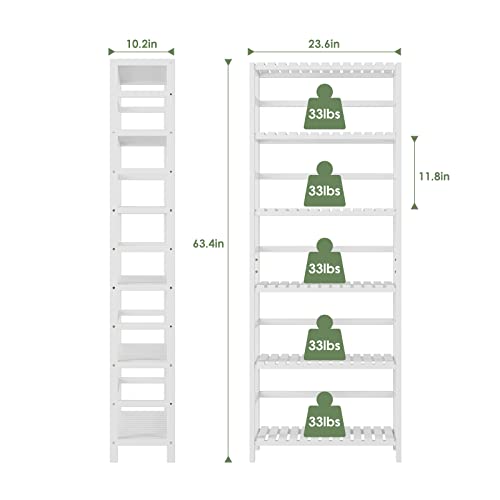 Bamjoy Bookshelf, 6 Tier Bamboo Shelf Adjustable Storage Shelves, Freestanding Tall Shelving Unit Plant Stand for Bathroom Home Office Kitchen Living Room, 23.6W x 10.2D x 63.4H White